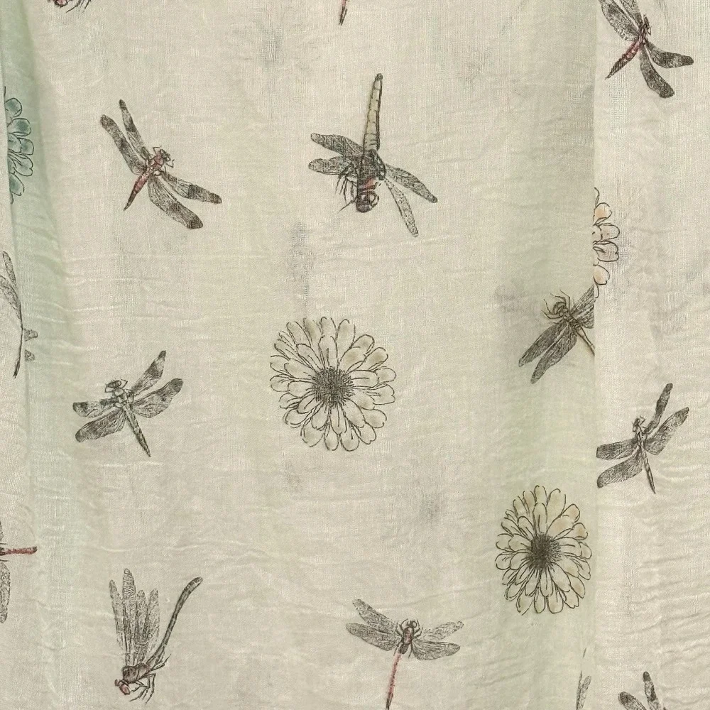 Lightweight Light Green Scarf With Dragonflies And Flowers  27